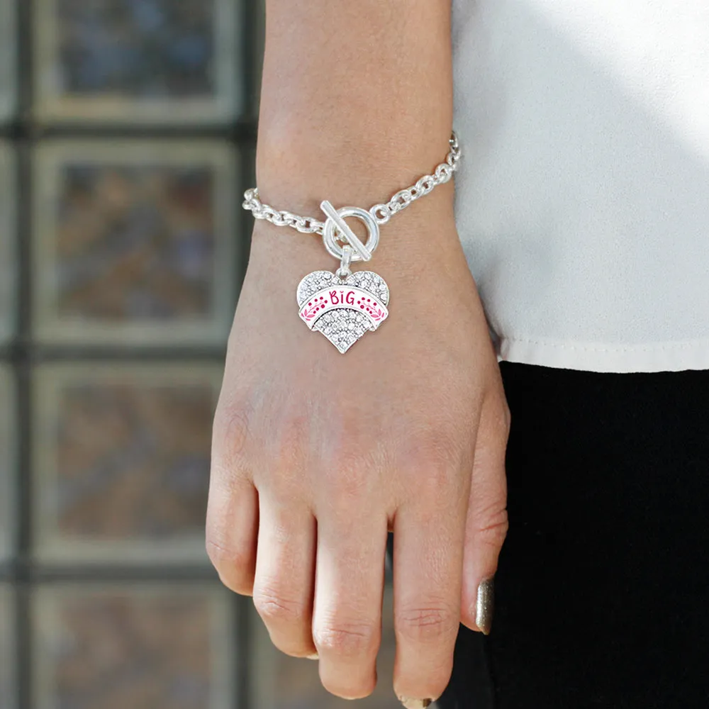 Silver Fuchsia and Rose Big Pave Heart Charm Toggle Bracelet