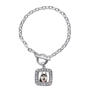 Silver Husky Face Square Charm Toggle Bracelet