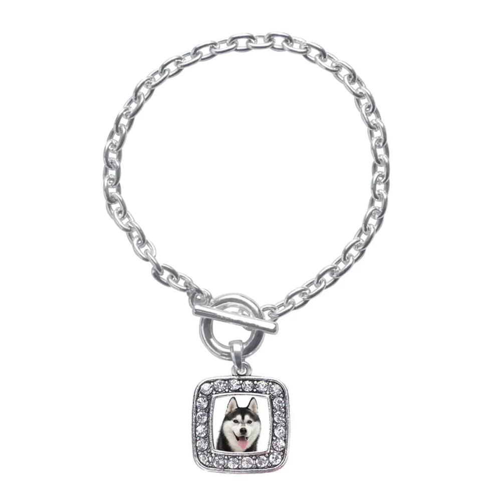 Silver Husky Face Square Charm Toggle Bracelet