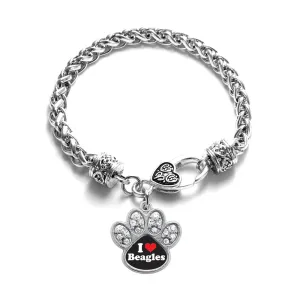 Silver I Love Beagles Pave Paw Charm Braided Bracelet