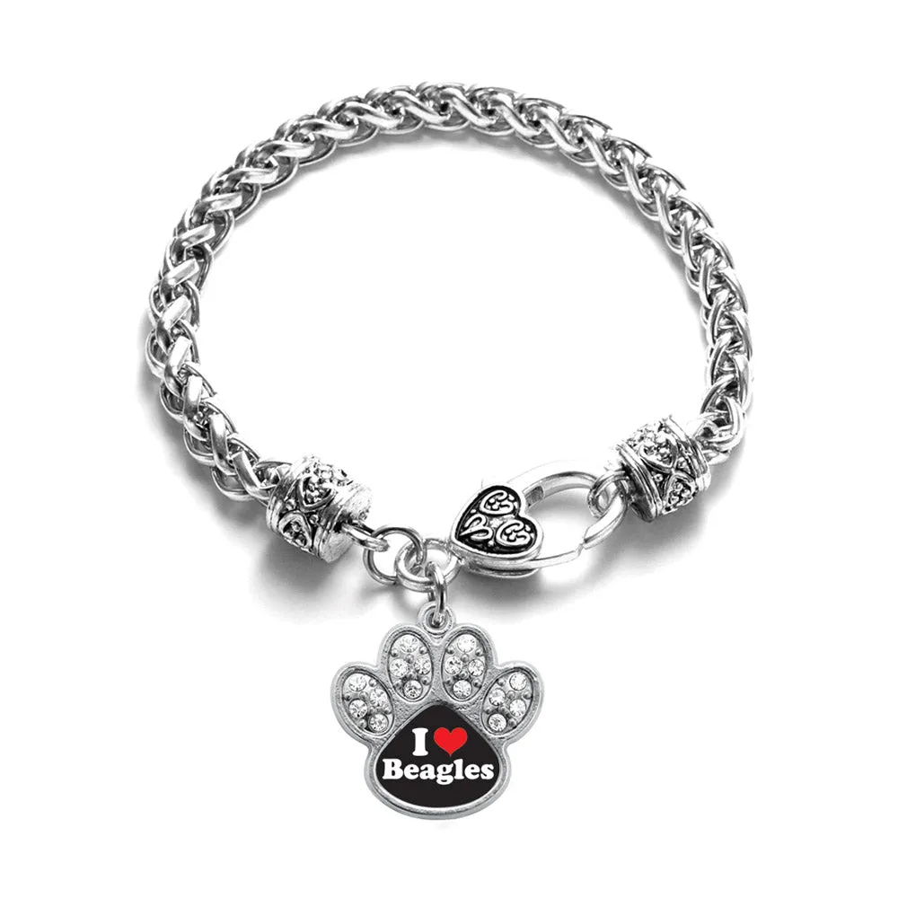 Silver I Love Beagles Pave Paw Charm Braided Bracelet