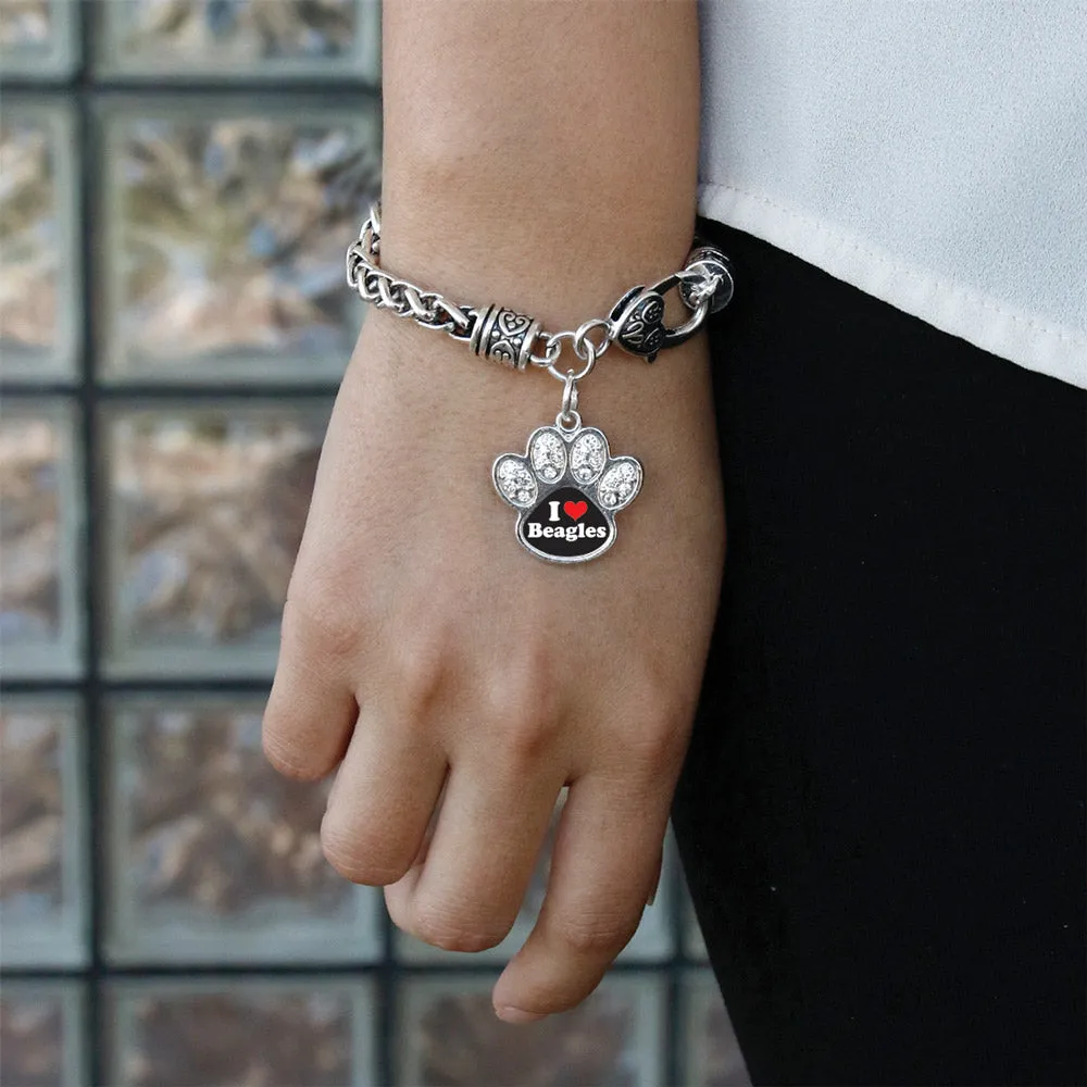 Silver I Love Beagles Pave Paw Charm Braided Bracelet