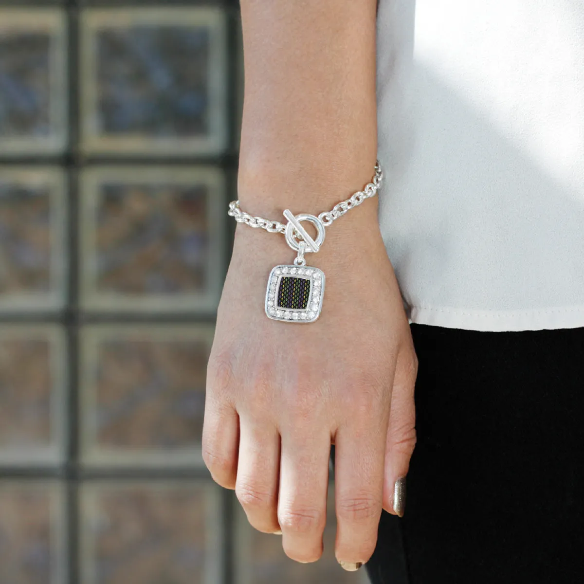 Silver Mardi Gras Pattern Square Charm Toggle Bracelet