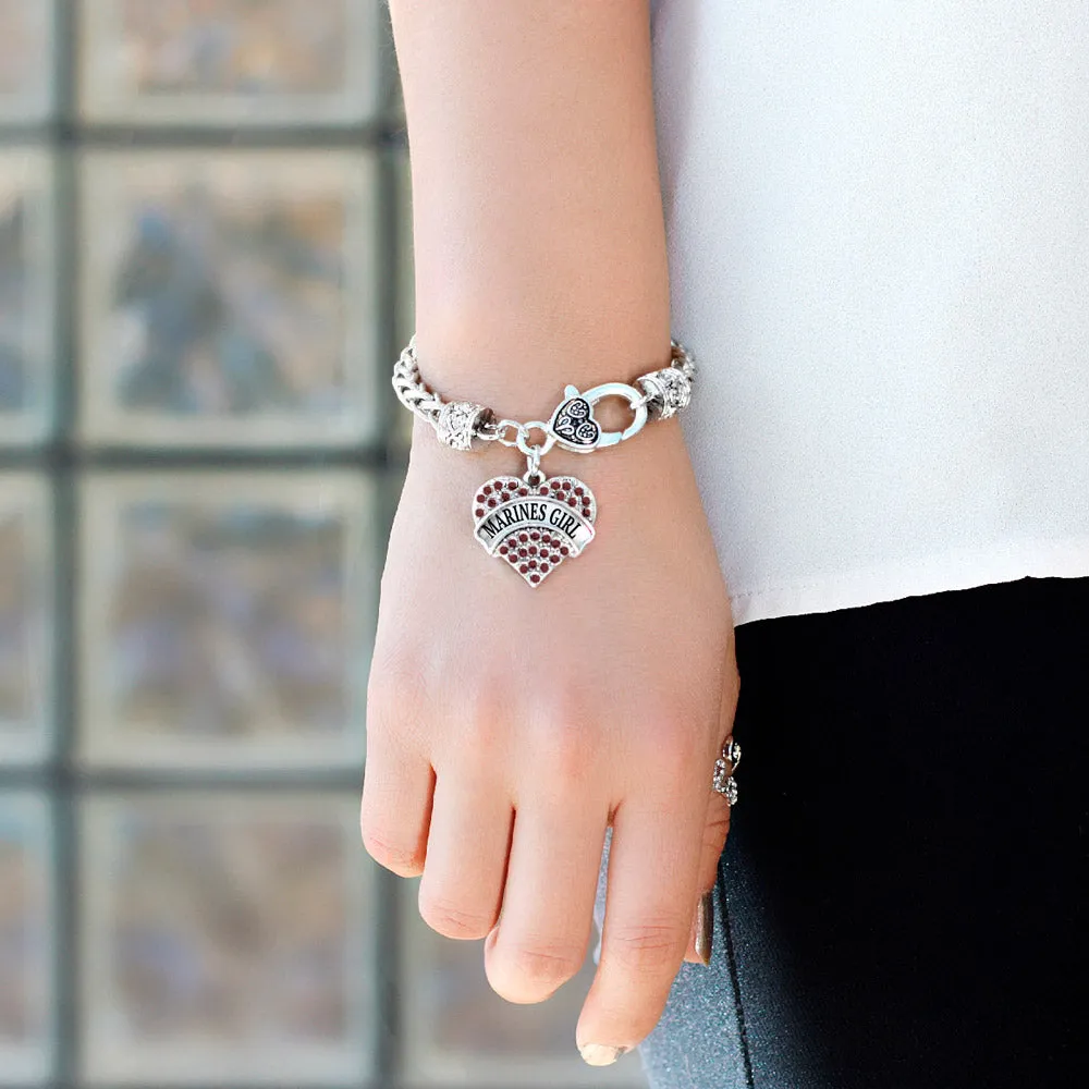 Silver Marines Girl Red Pave Heart Charm Braided Bracelet