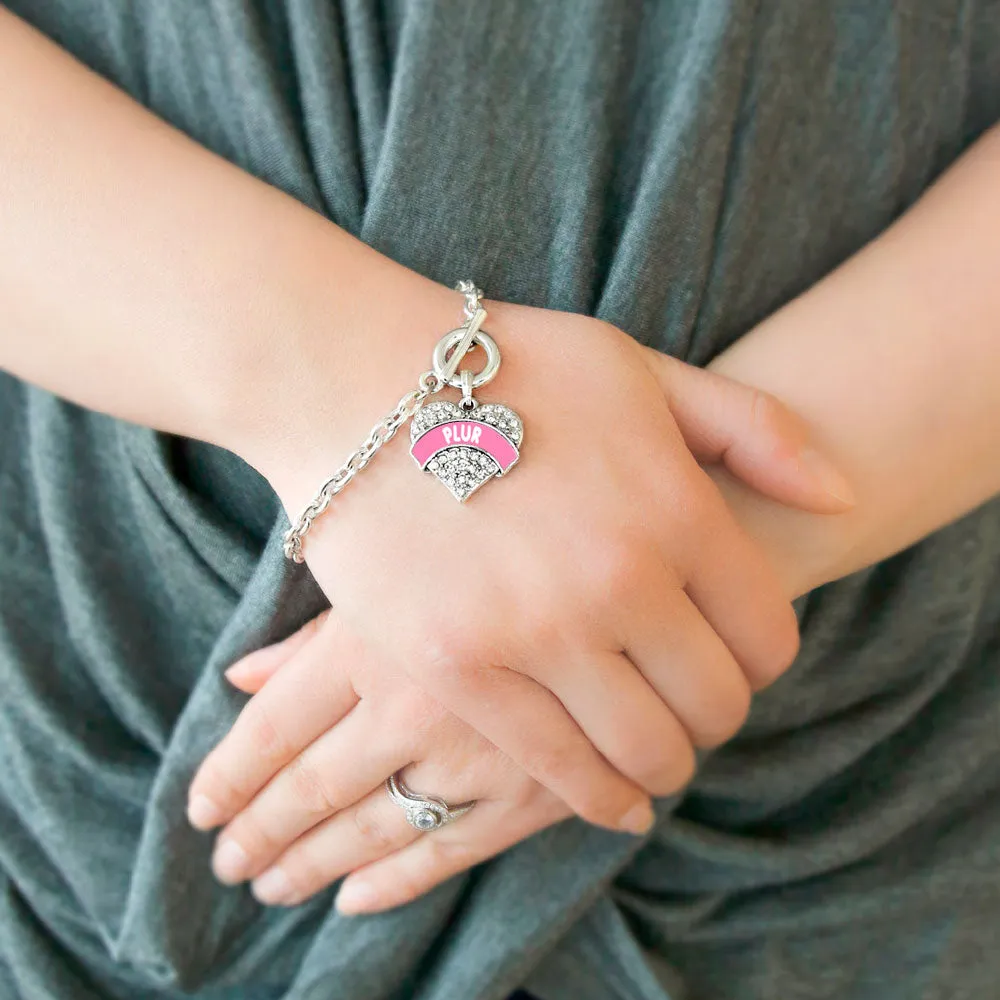 Silver Pink PLUR Pave Heart Charm Toggle Bracelet
