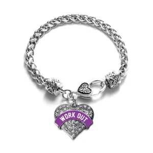 Silver Purple Work Out Pave Heart Charm Braided Bracelet