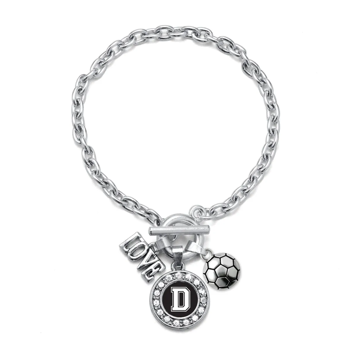 Silver Soccer - Sports Initial D Circle Charm Toggle Bracelet