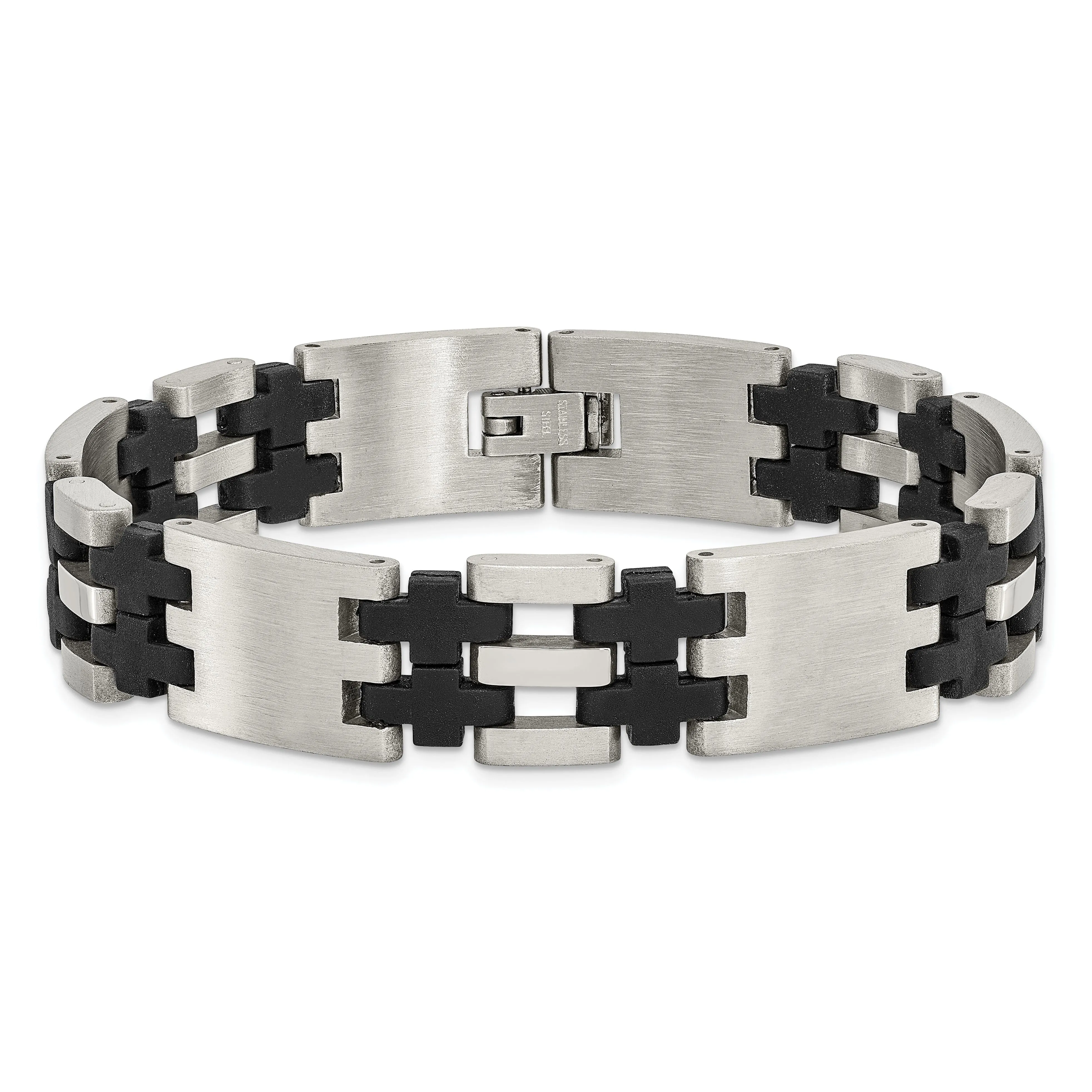 Stainless Steel Black Rubber Fold Over Bracelet