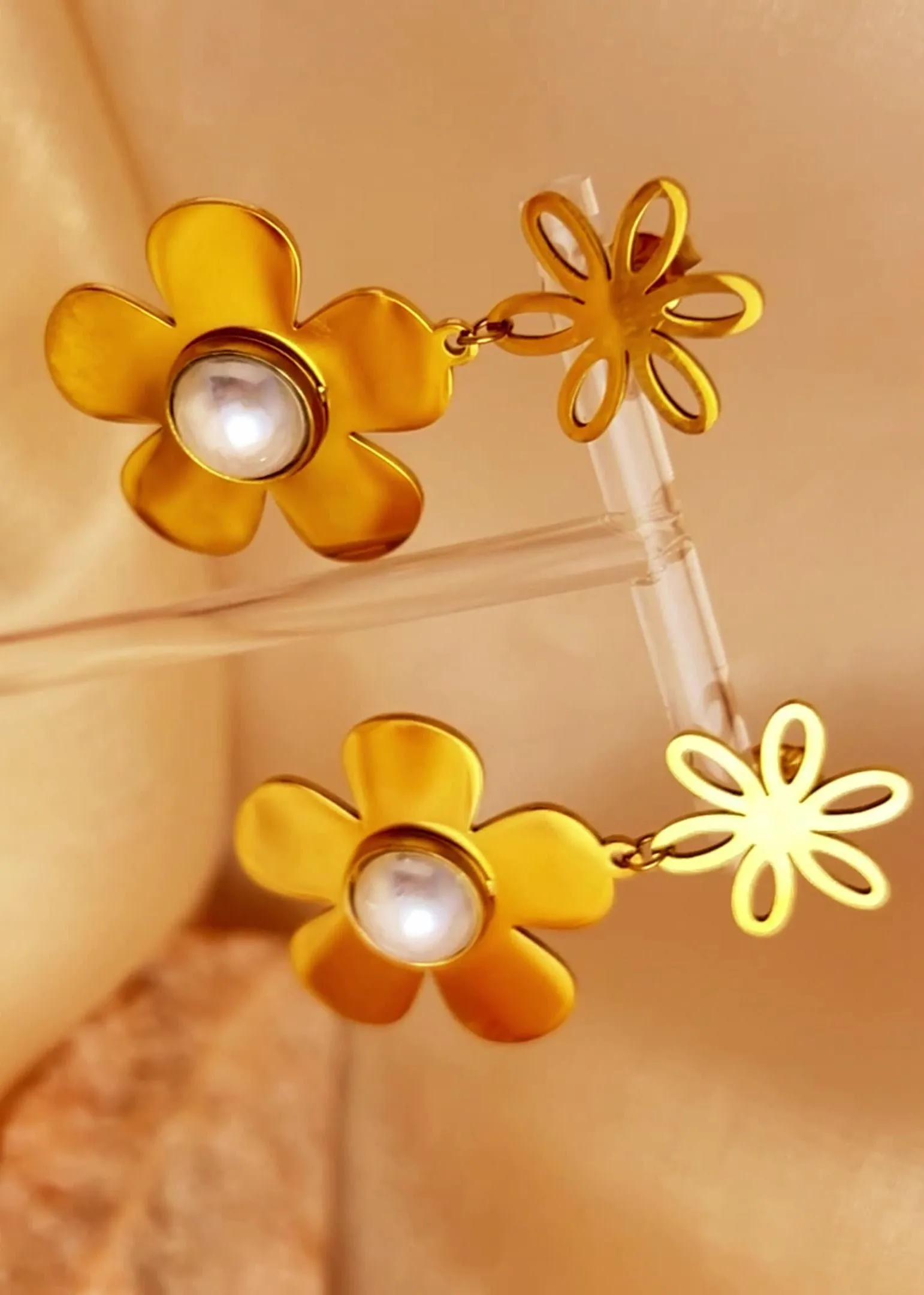 Stainless Steel Flower Pearl Drop Earrings