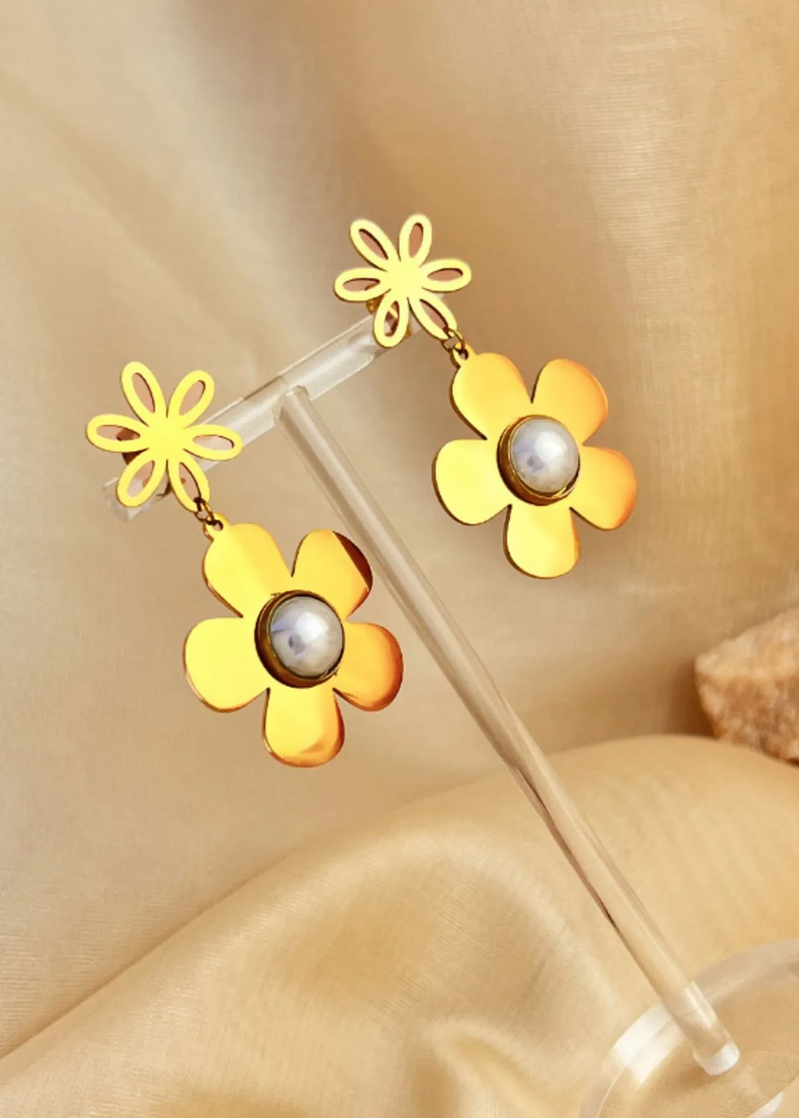 Stainless Steel Flower Pearl Drop Earrings