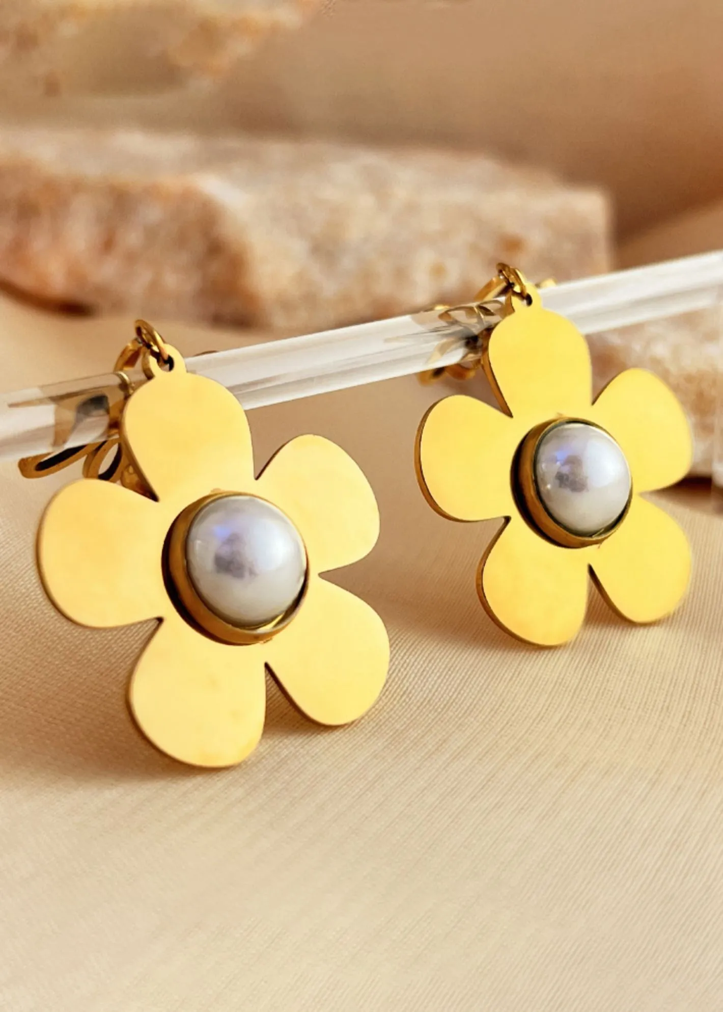 Stainless Steel Flower Pearl Drop Earrings