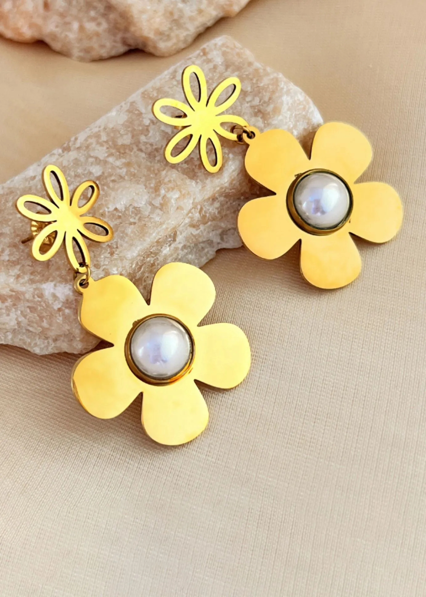 Stainless Steel Flower Pearl Drop Earrings