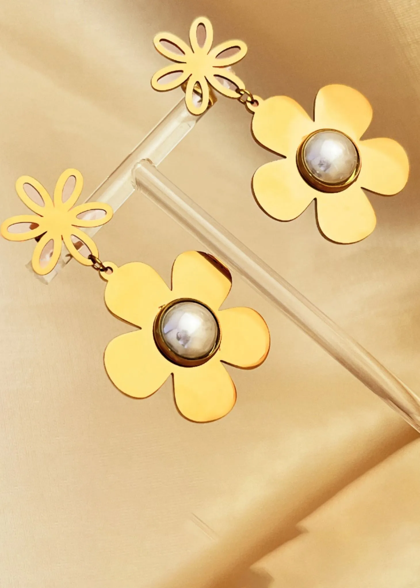 Stainless Steel Flower Pearl Drop Earrings