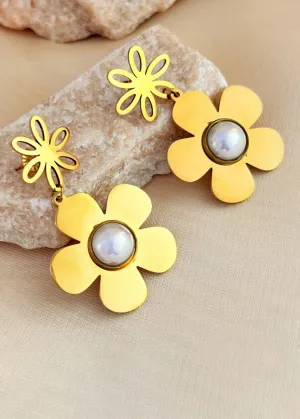 Stainless Steel Flower Pearl Drop Earrings
