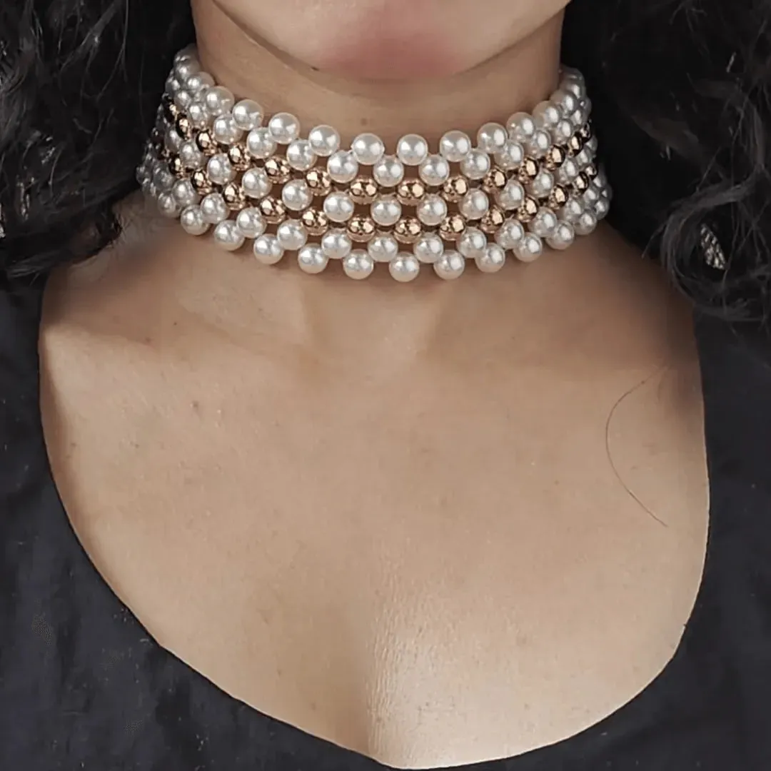 TFC Pearl Mesh with Double Bold Bead Gold Plated Choker Necklace
