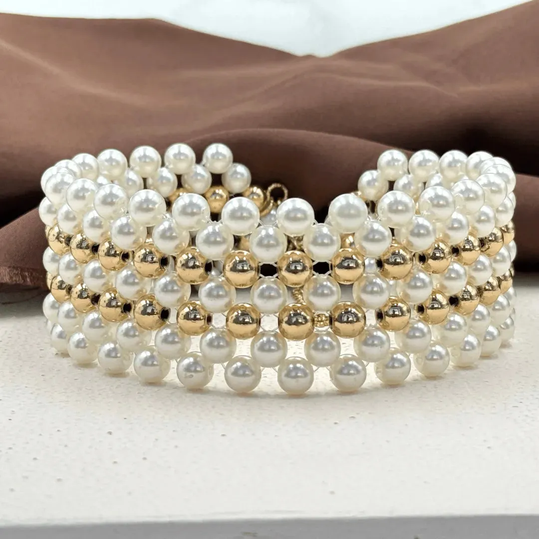 TFC Pearl Mesh with Double Bold Bead Gold Plated Choker Necklace