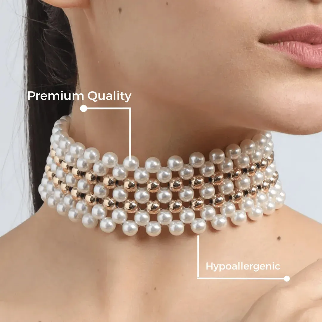 TFC Pearl Mesh with Double Bold Bead Gold Plated Choker Necklace