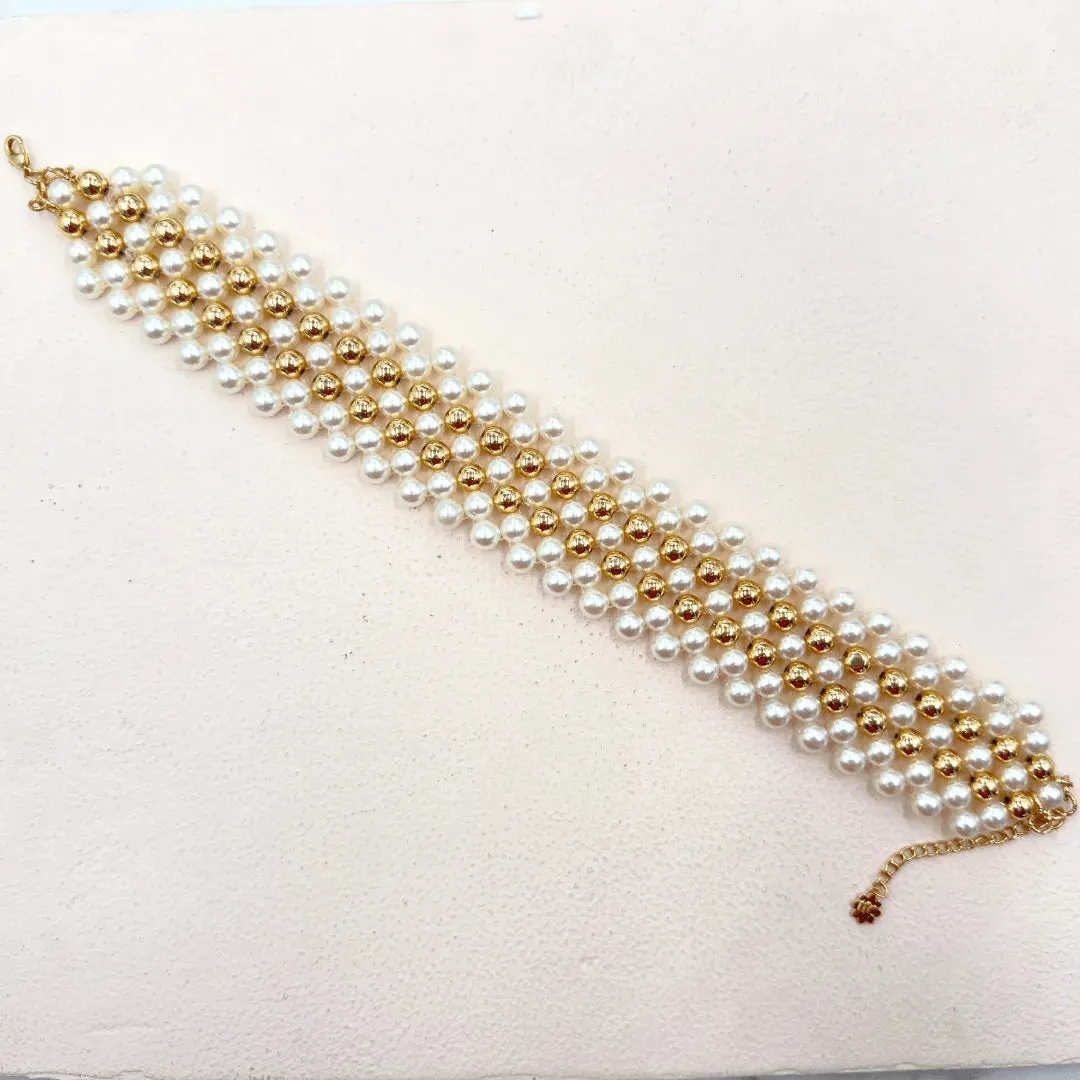 TFC Pearl Mesh with Double Bold Bead Gold Plated Choker Necklace