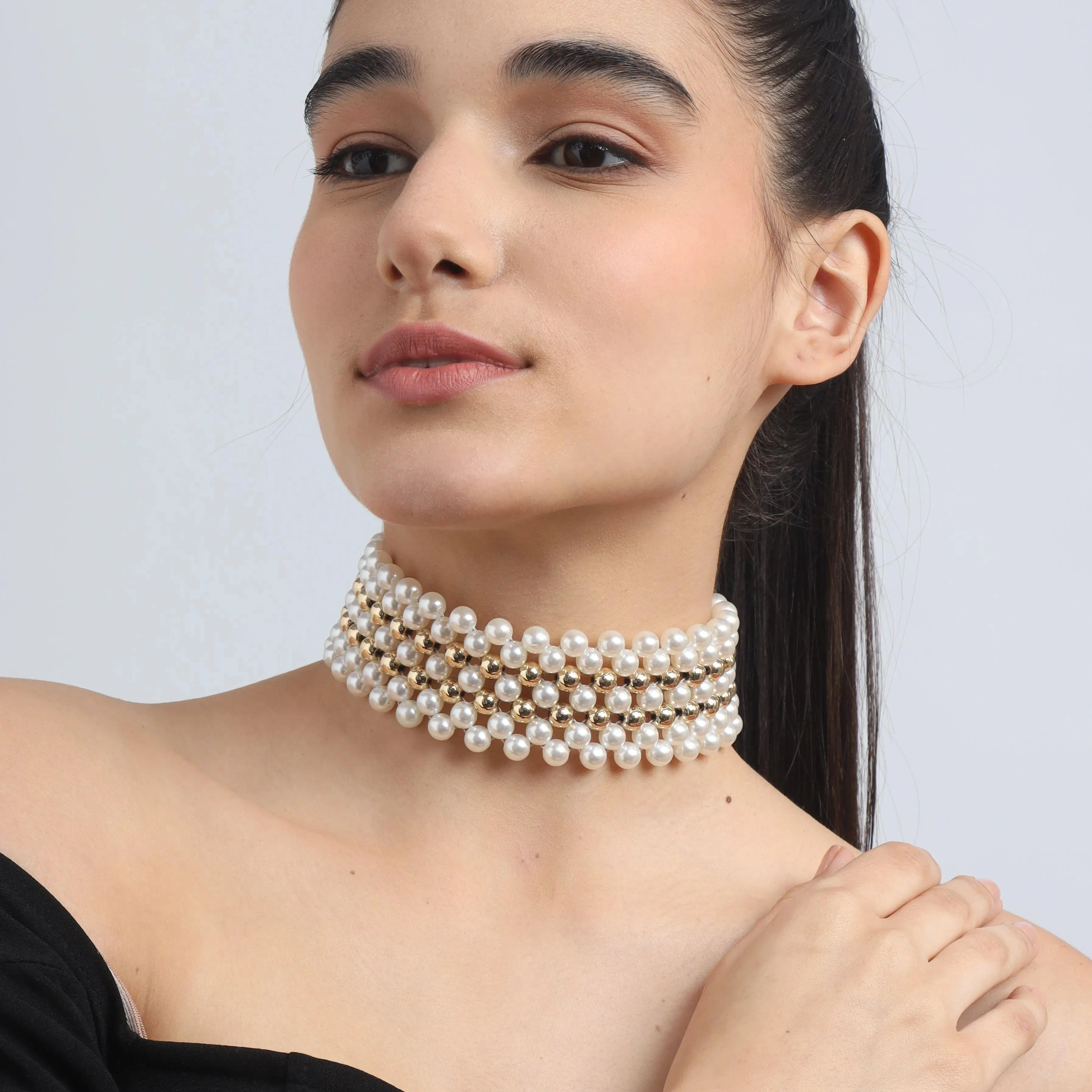 TFC Pearl Mesh with Double Bold Bead Gold Plated Choker Necklace