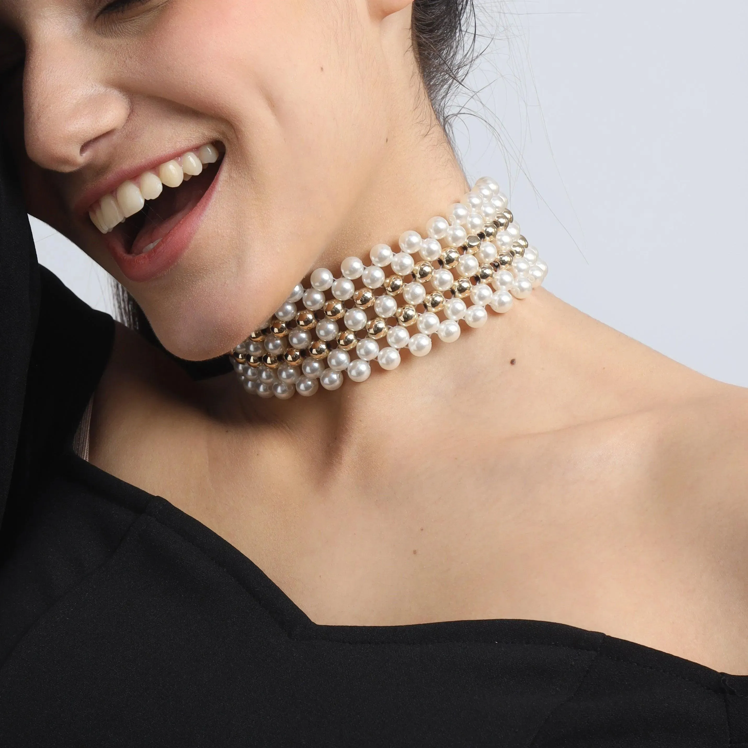 TFC Pearl Mesh with Double Bold Bead Gold Plated Choker Necklace