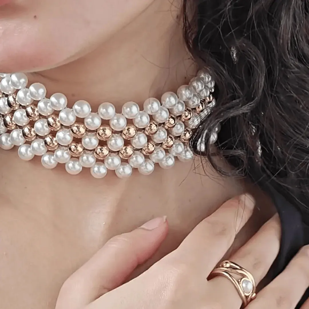 TFC Pearl Mesh with Double Bold Bead Gold Plated Choker Necklace