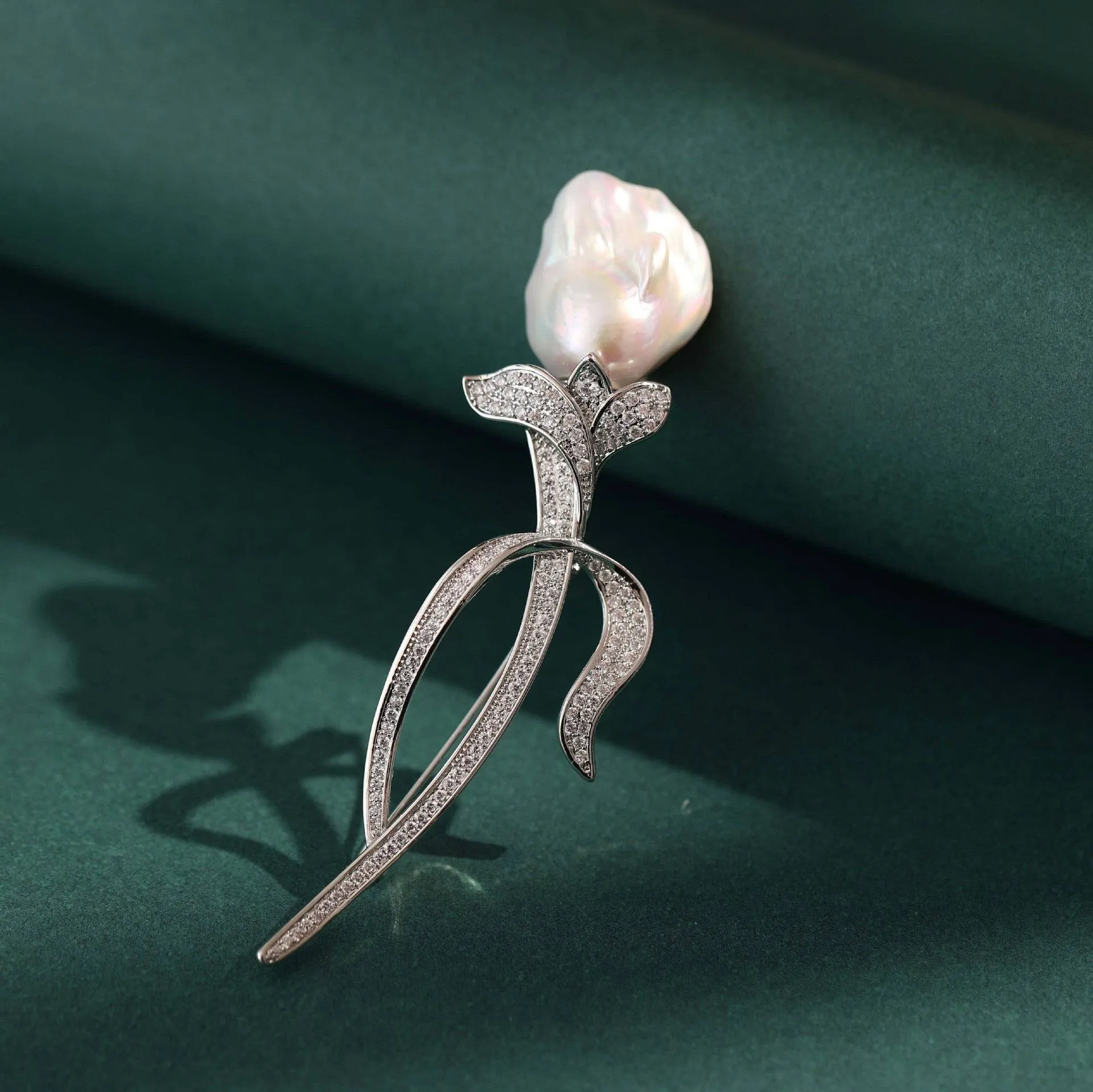 Tulip Baroque Pearl CZ Brooch