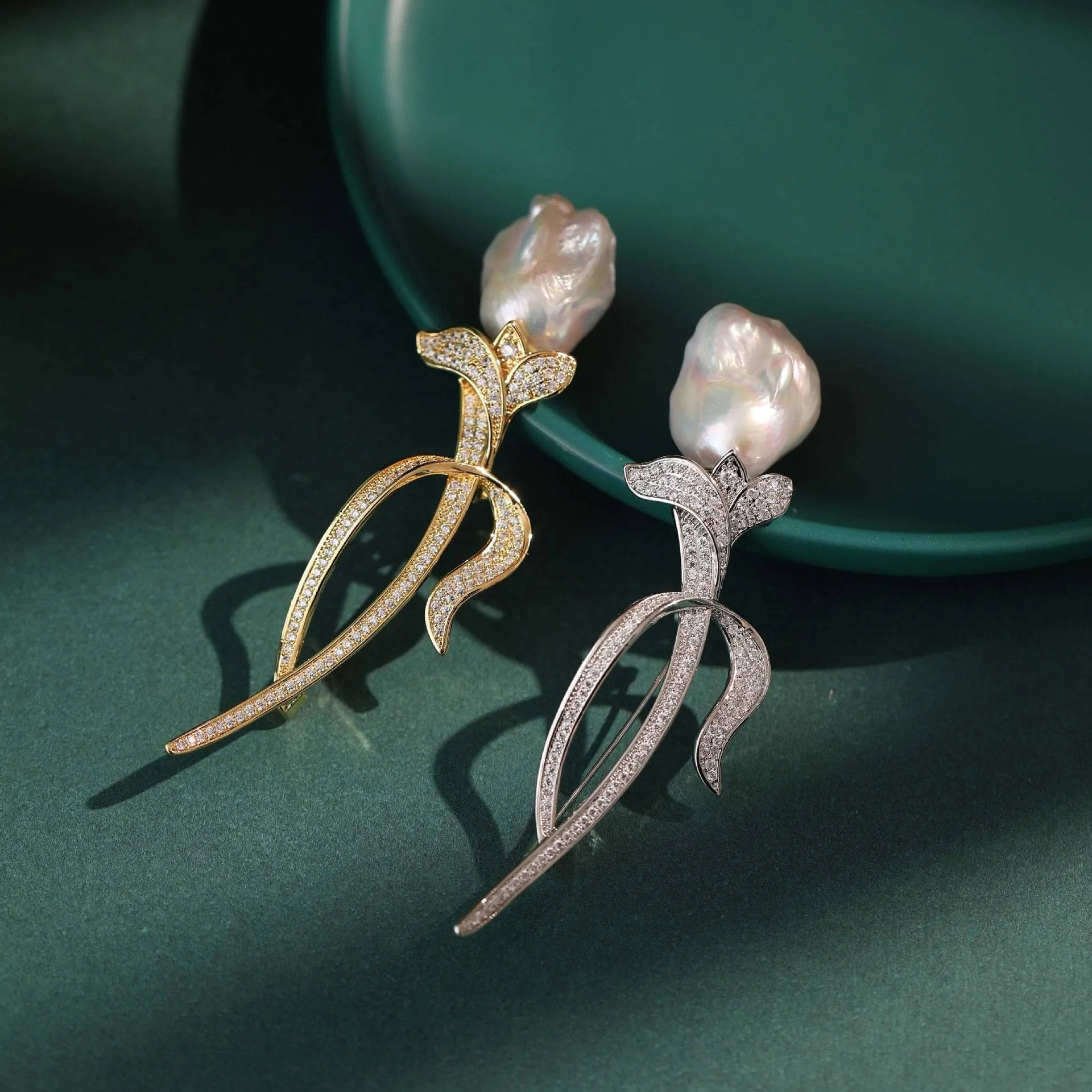 Tulip Baroque Pearl CZ Brooch