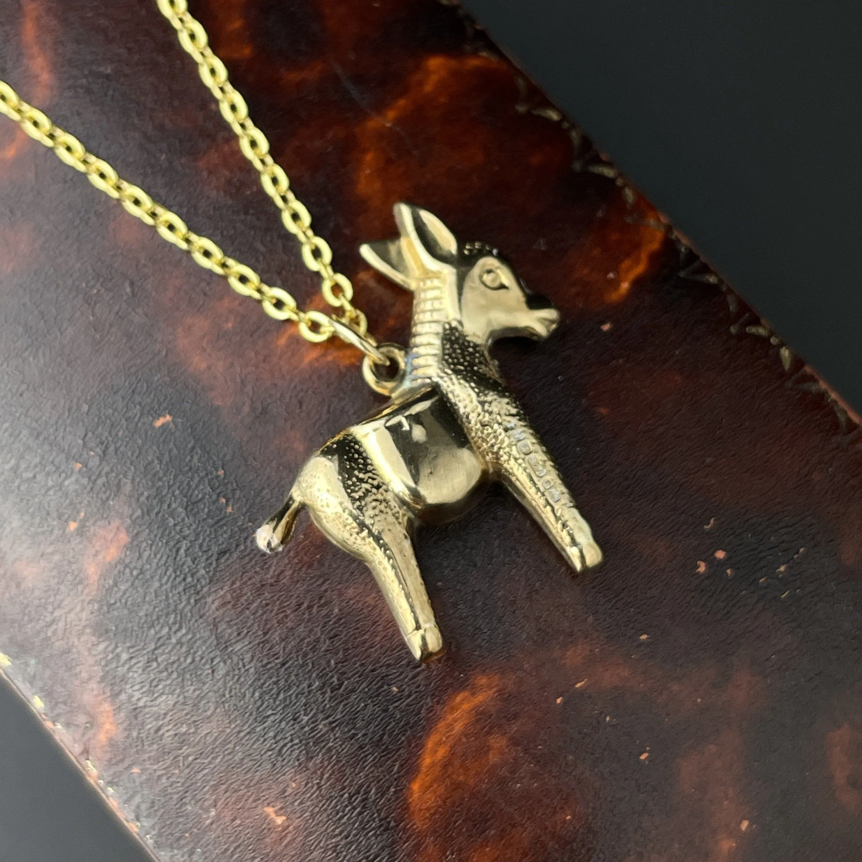 Vintage Gold Puffy Donkey Charm Pendant Necklace
