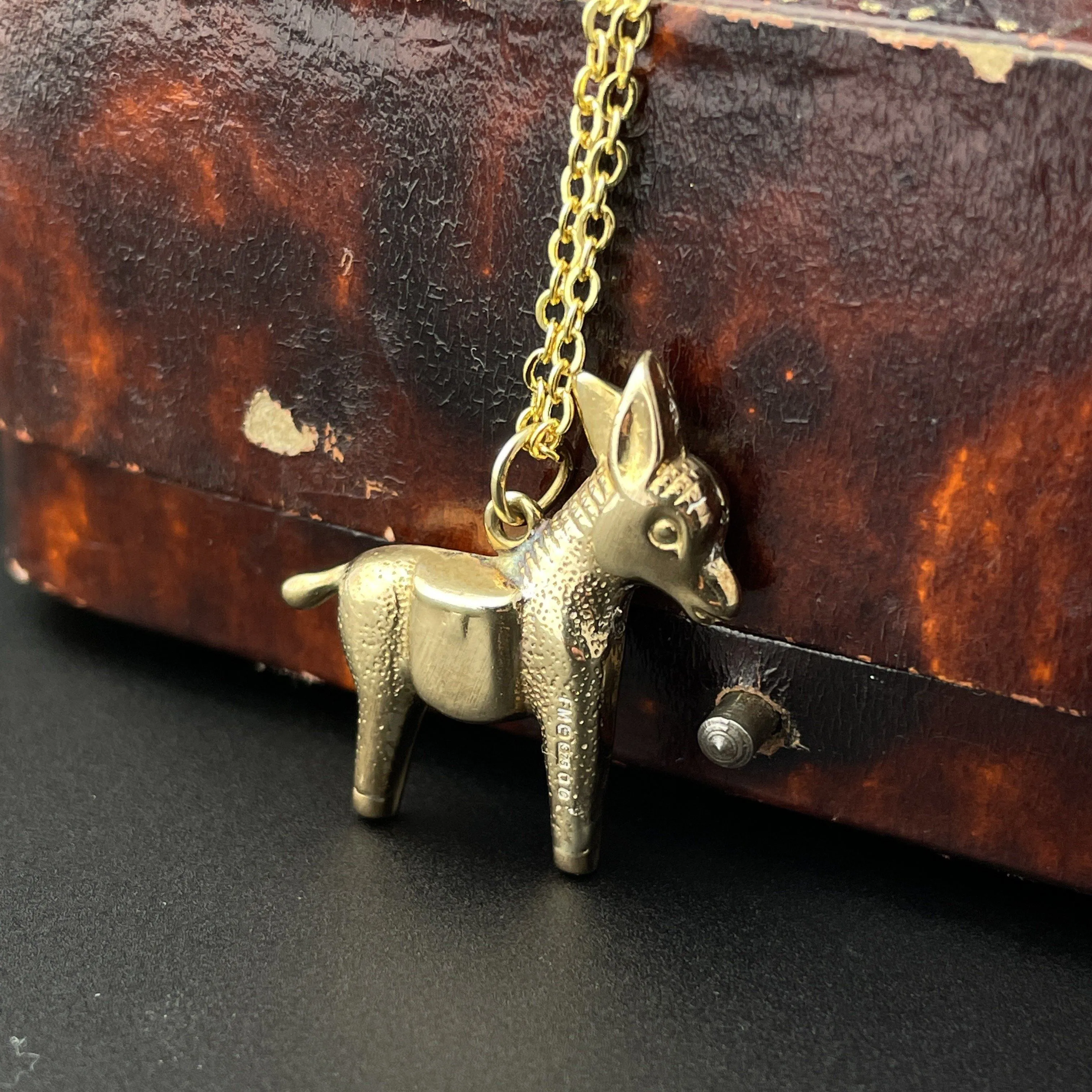 Vintage Gold Puffy Donkey Charm Pendant Necklace