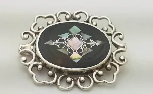 Vintage Mexican Sterling Silver Abalone Filigree Brooch