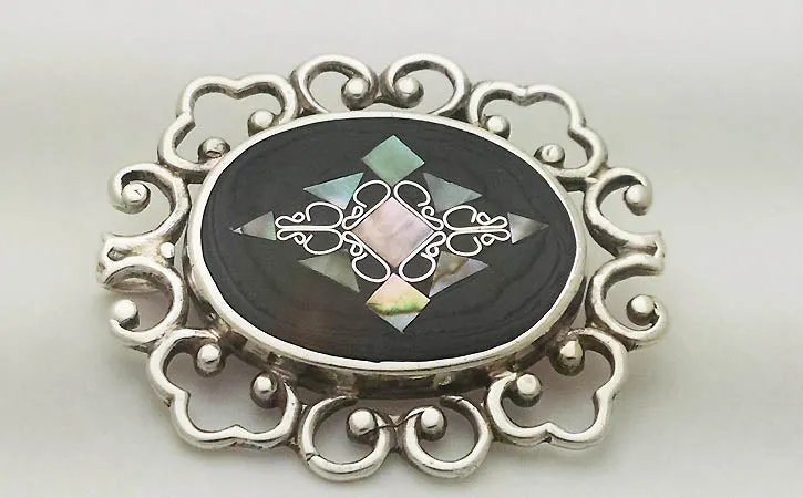 Vintage Mexican Sterling Silver Abalone Filigree Brooch