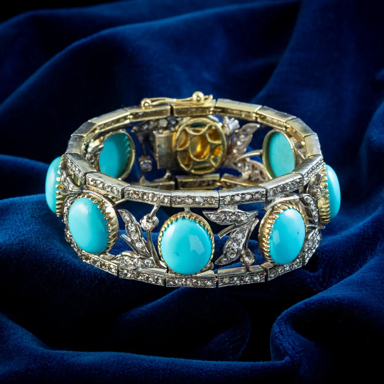 Vintage Turquoise Diamond Bracelet Silver 18ct Gold 7ct Diamond