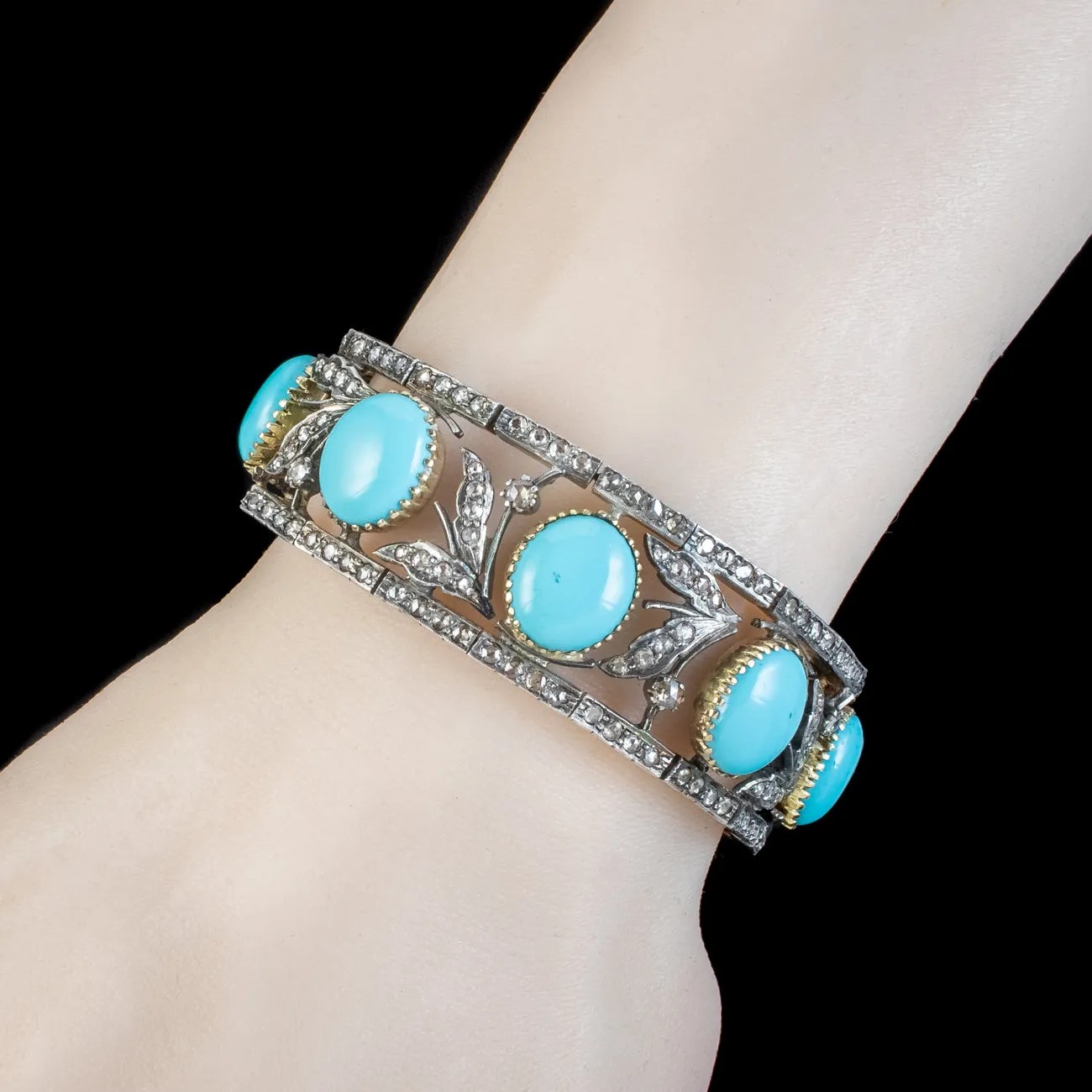 Vintage Turquoise Diamond Bracelet Silver 18ct Gold 7ct Diamond
