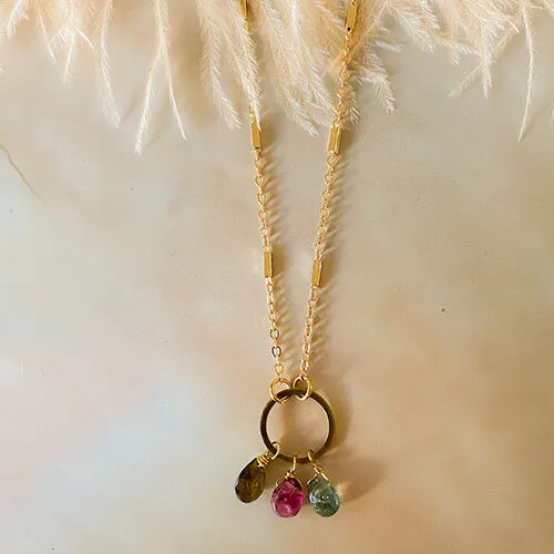 Watermelon Tourmaline  Circle Drop Necklace