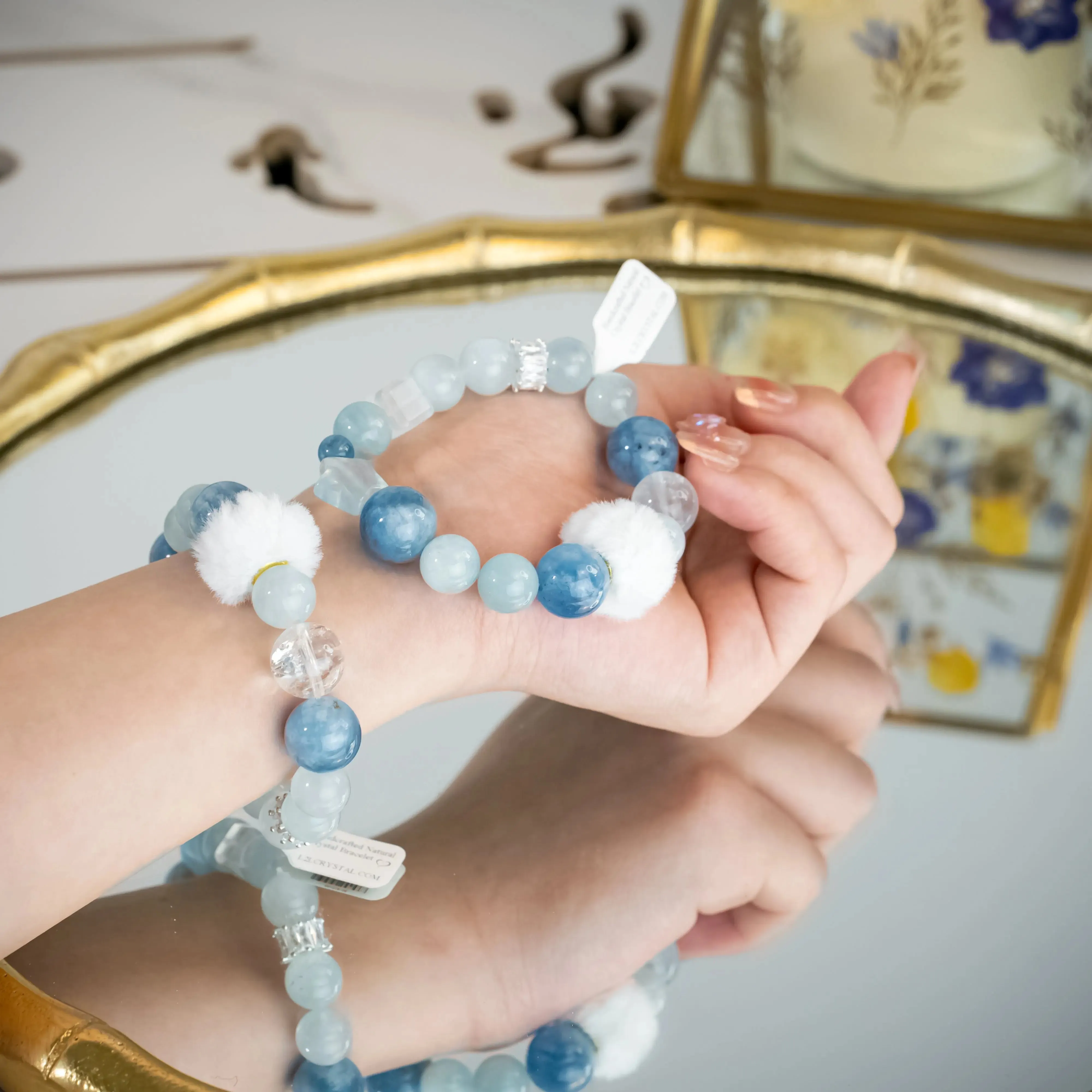 White Azeztulite Aquamarine Bracelet with Plush Ball