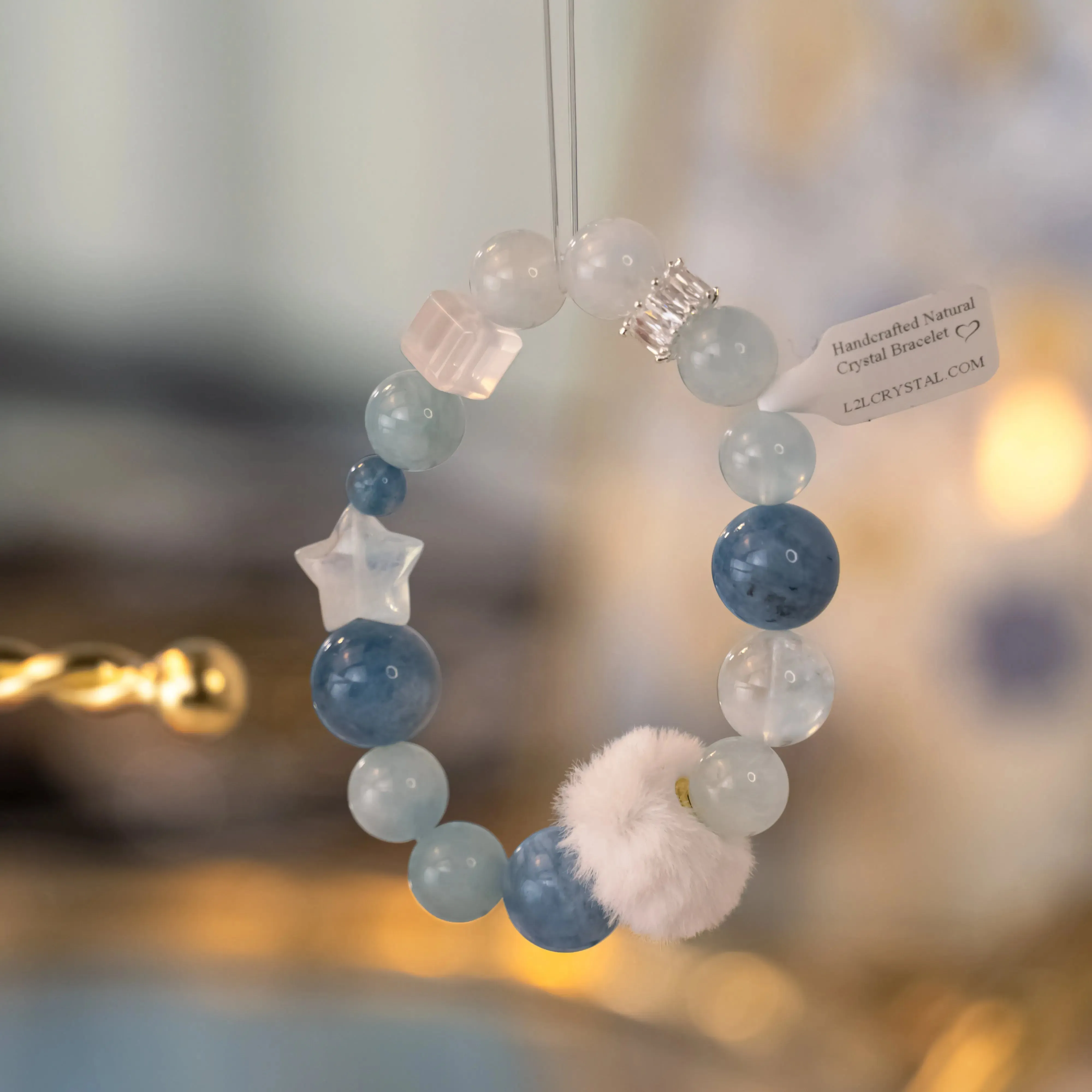 White Azeztulite Aquamarine Bracelet with Plush Ball