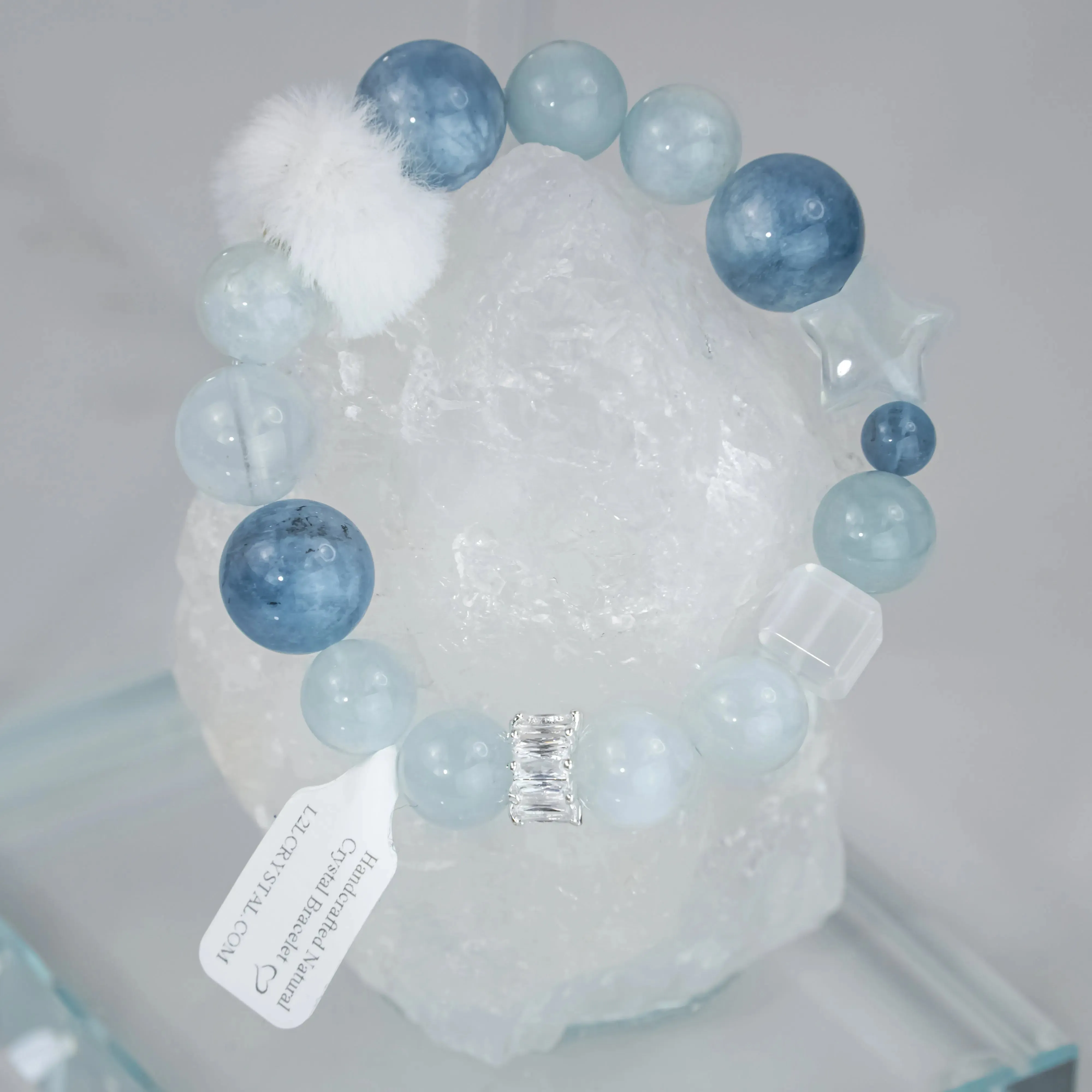 White Azeztulite Aquamarine Bracelet with Plush Ball