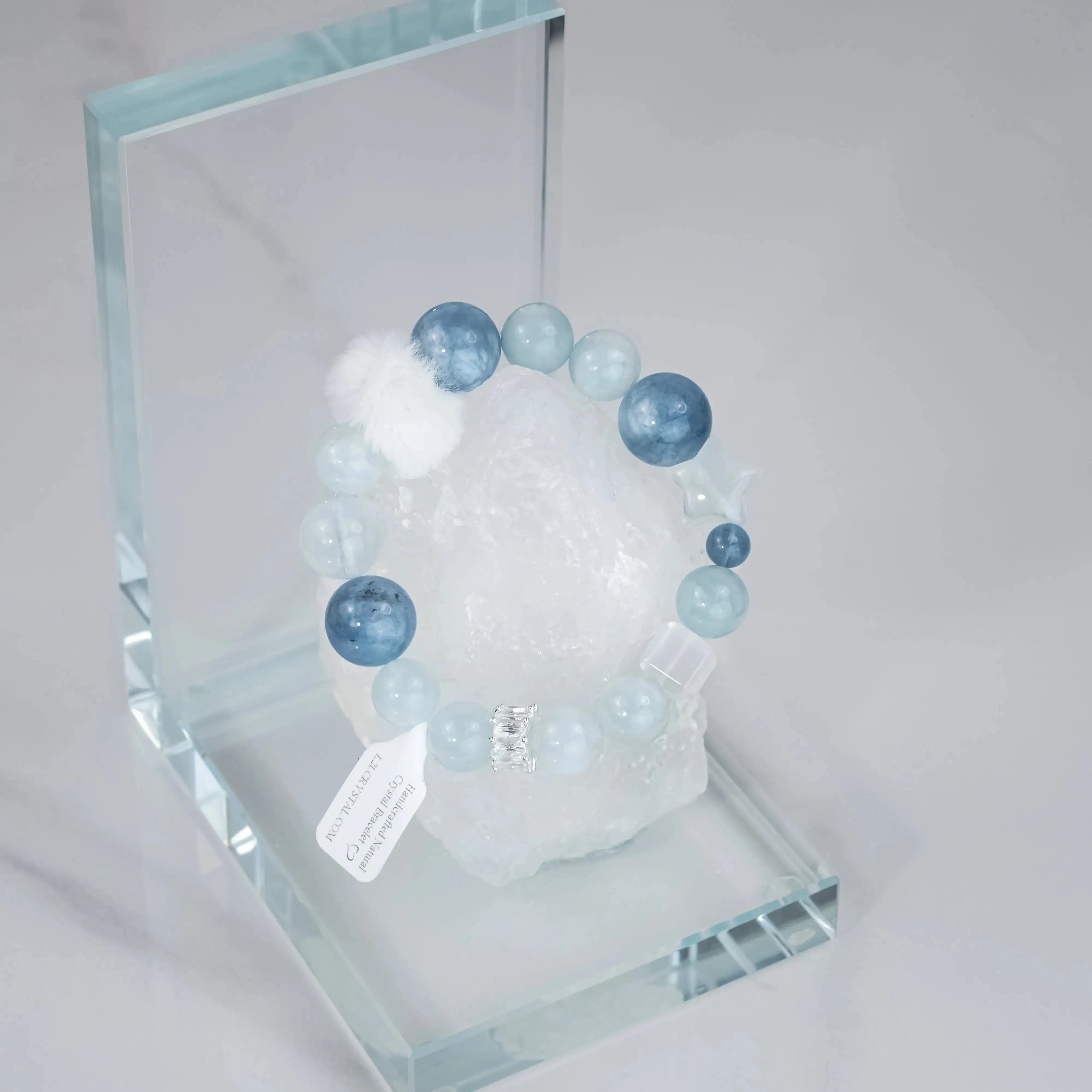 White Azeztulite Aquamarine Bracelet with Plush Ball