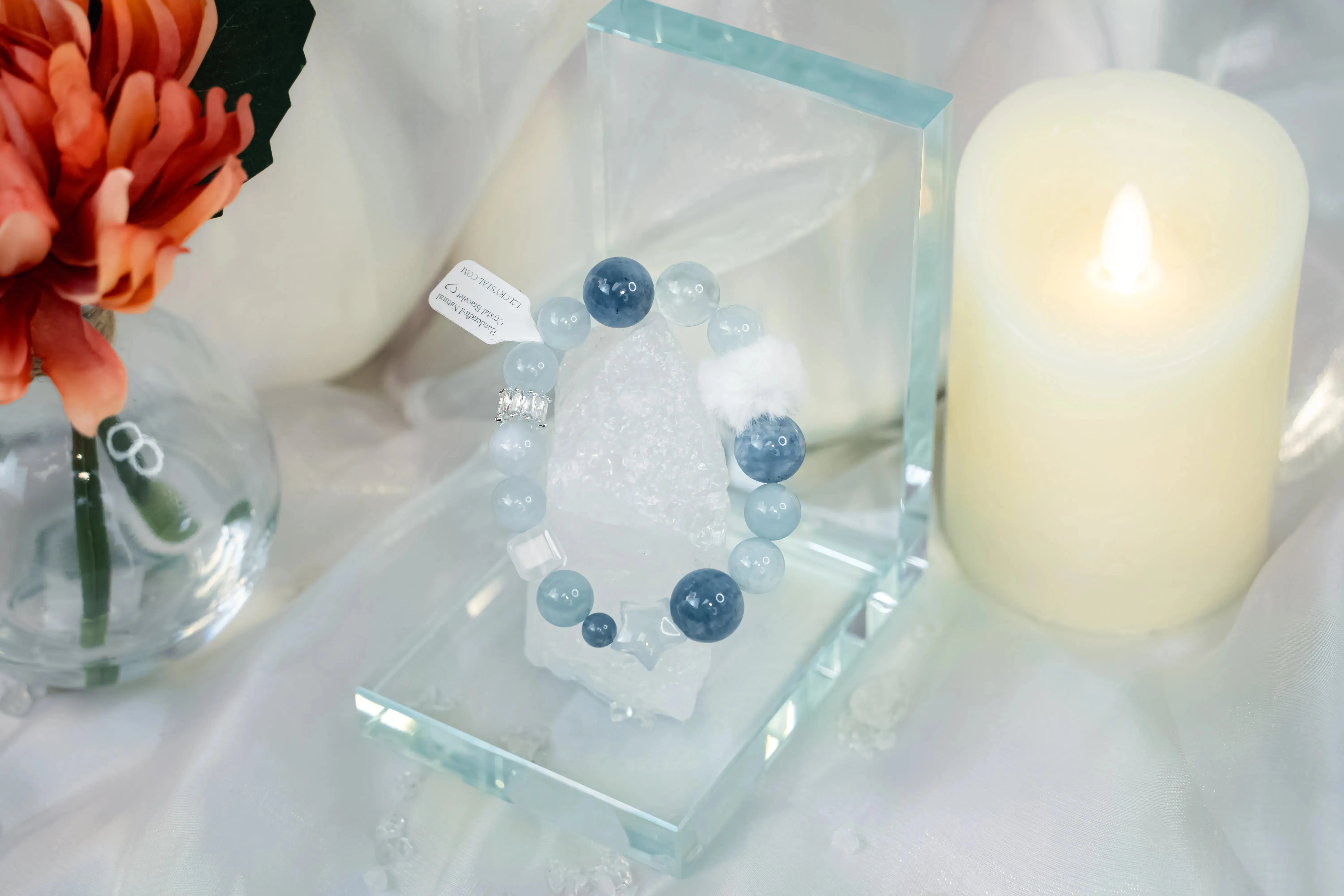 White Azeztulite Aquamarine Bracelet with Plush Ball