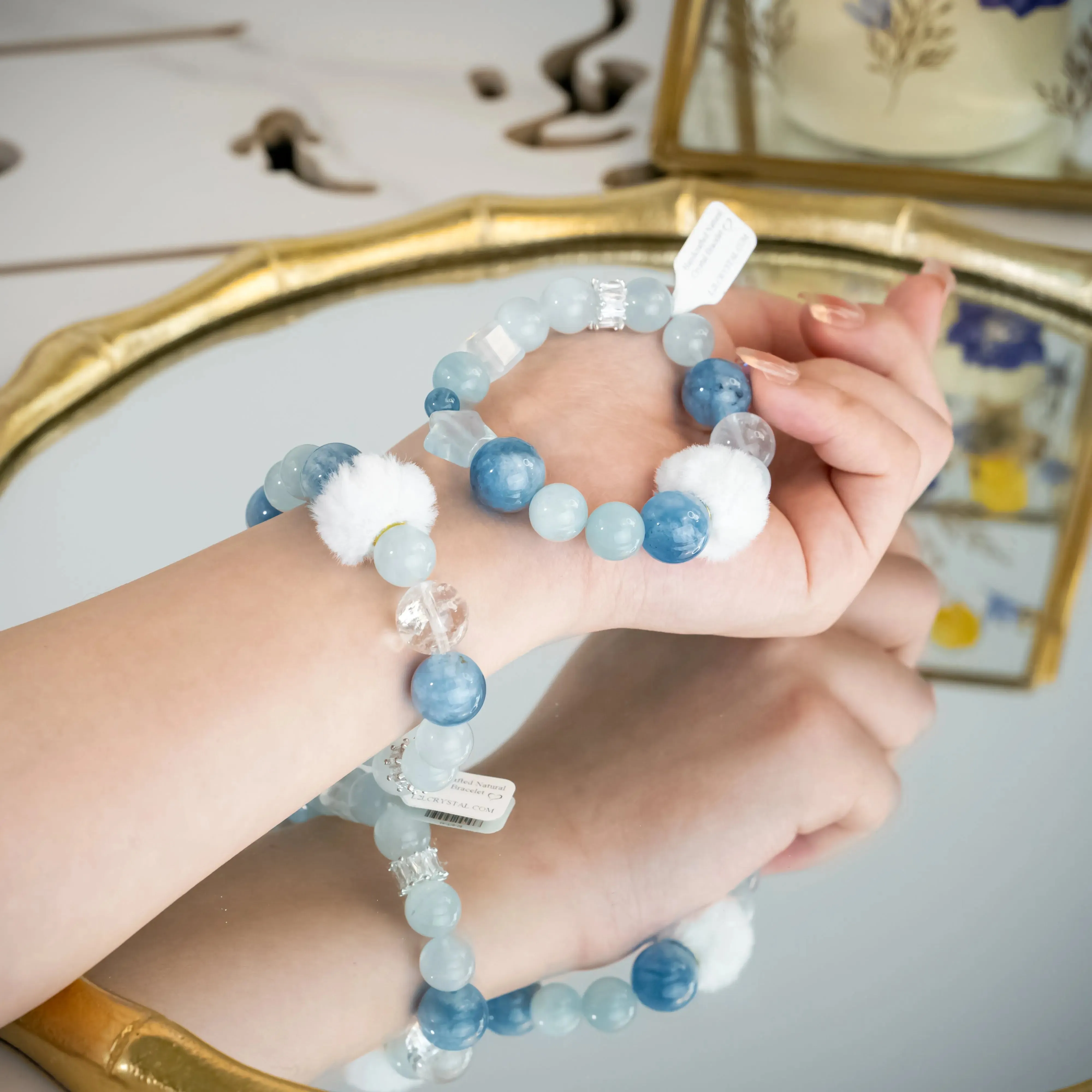 White Azeztulite Aquamarine Bracelet with Plush Ball