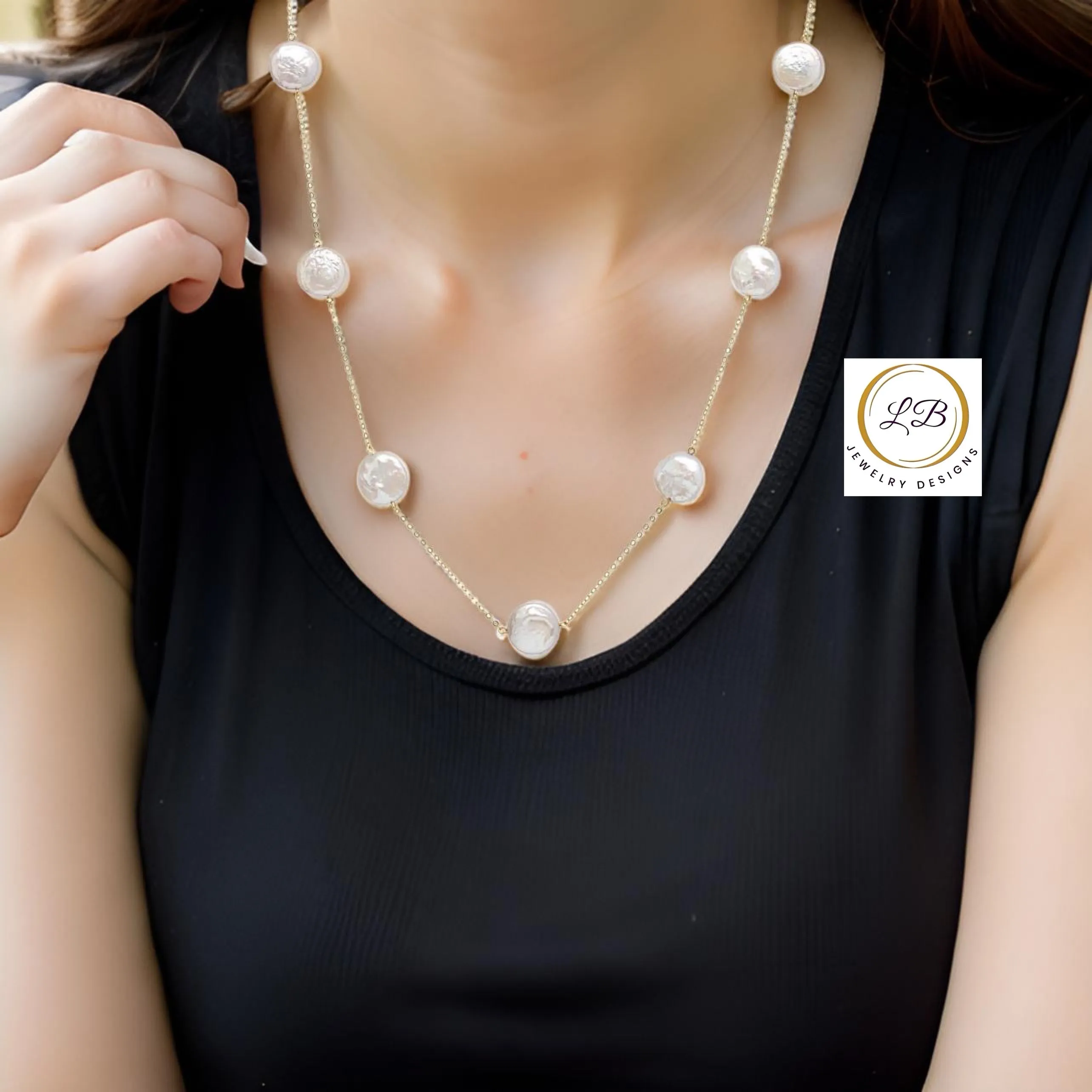 White Coin Pearl Gold-Filled Chain Necklace 18"