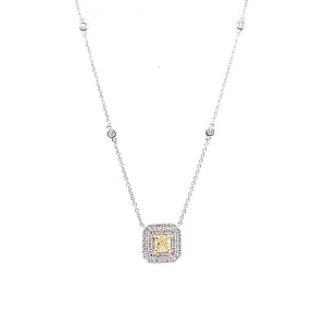 Yellow Diamond Square Halo Necklace